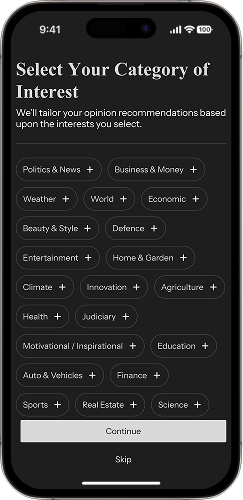 Category interests screen